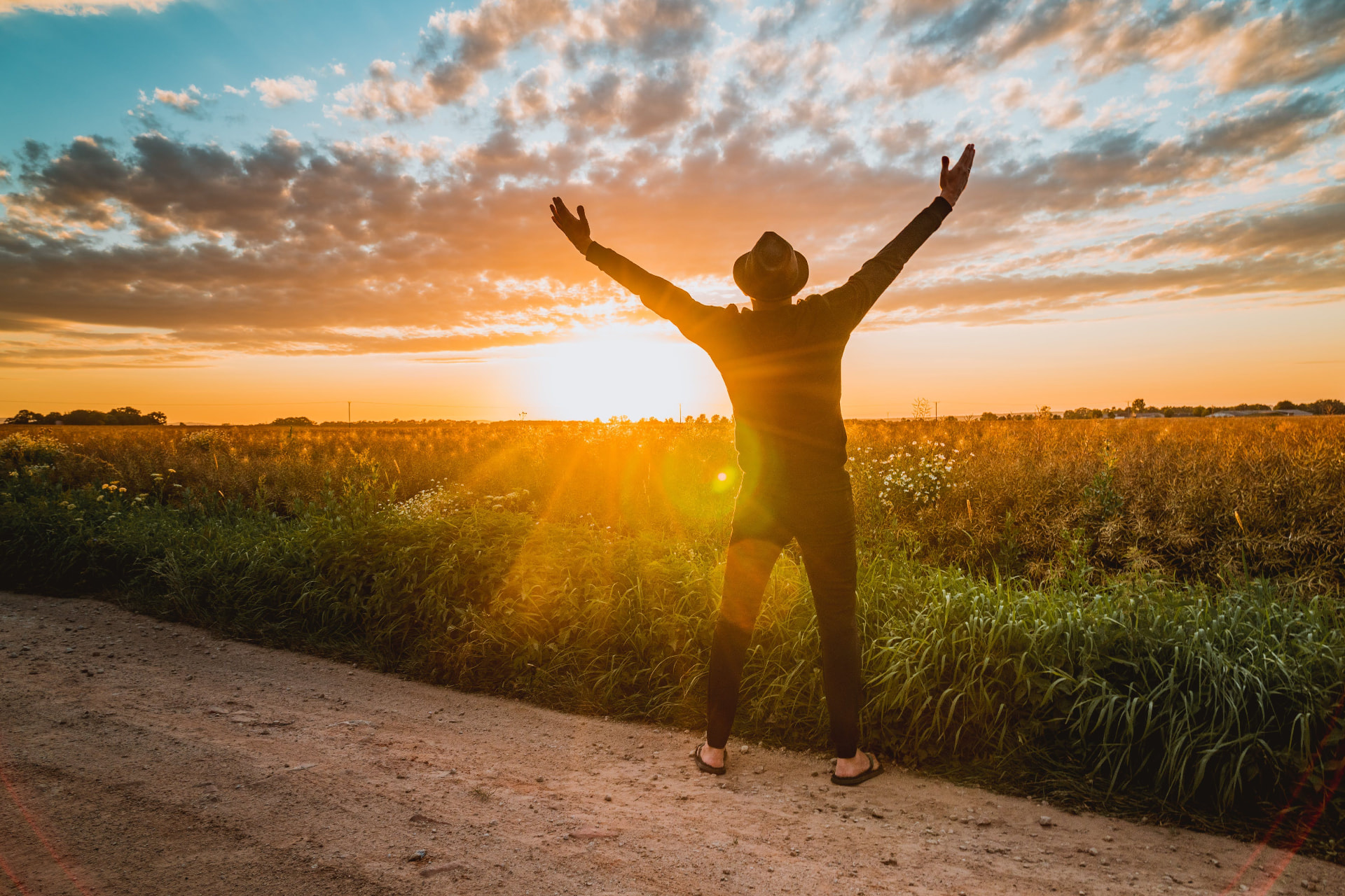 Man with arms raised to the sunset over a golden field